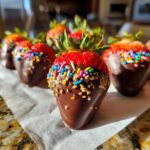 Delicious chocolate covered strawberries valentine treat, decorated with colorful sprinkles and nuts.
