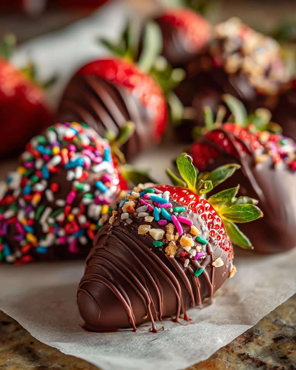 Delicious chocolate covered strawberries valentine treats with colorful sprinkles and chocolate drizzle.
