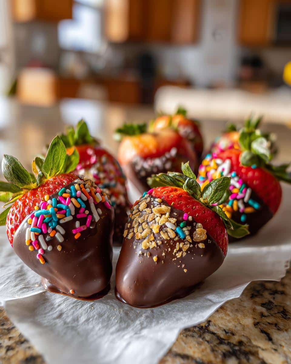 Close-up of chocolate covered strawberries valentine, decorated with colorful sprinkles and nuts, ready to gift.