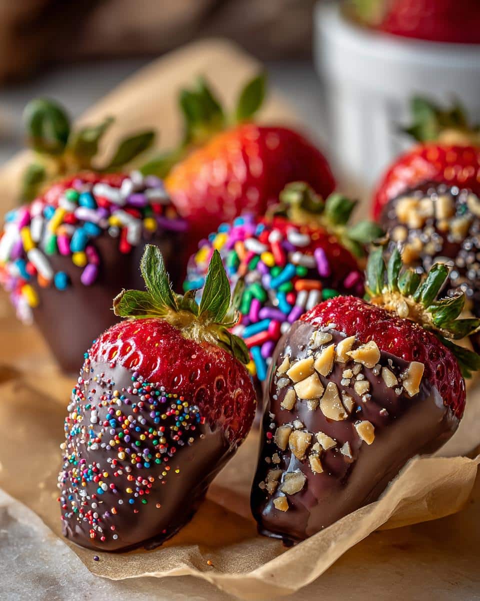 Delicious chocolate covered strawberries valentine with colorful sprinkles and nuts.