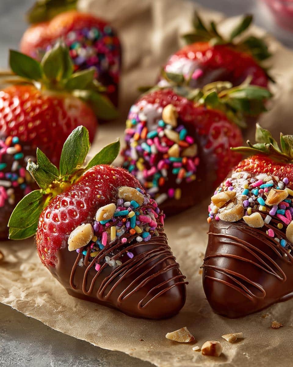 Close-up of chocolate covered strawberries valentine dessert with sprinkles and nuts on parchment paper.