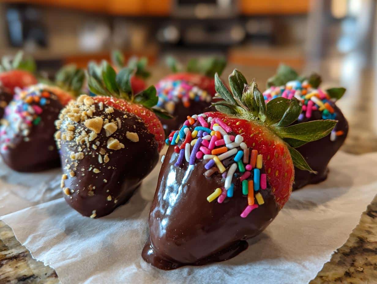 Close-up of chocolate covered strawberries valentine, decorated with sprinkles and nuts on parchment paper.