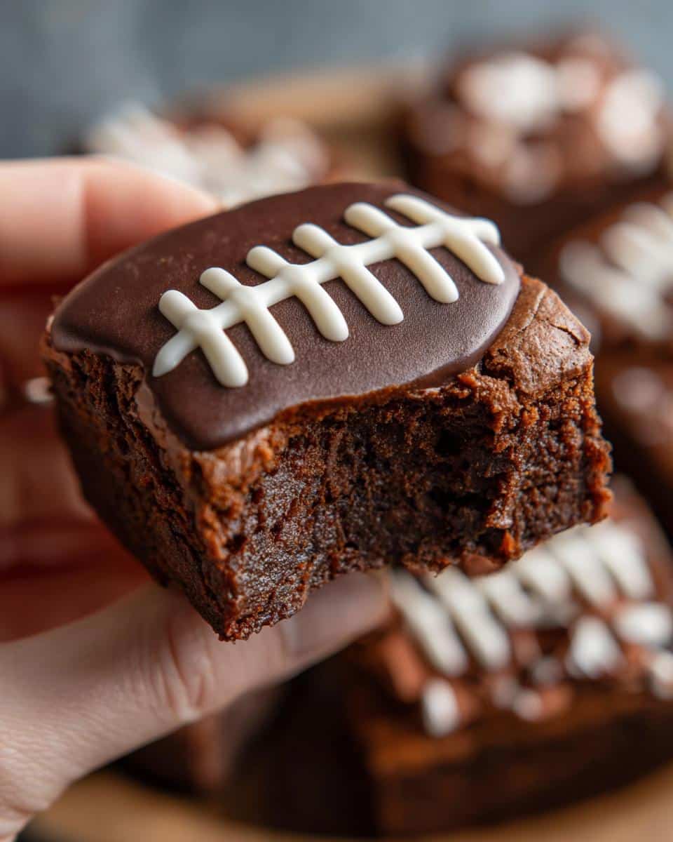 Close up of a Chocolate Football Brownie with a bite taken out, held in a hand.