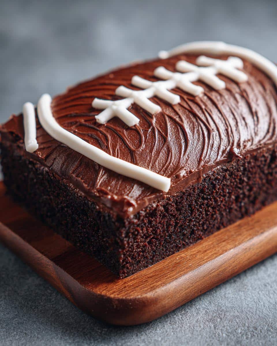 Delicious chocolate football brownies decorated with white icing laces on a wooden board.