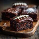 Close-up of chocolate football brownies decorated with white icing on a wooden board.