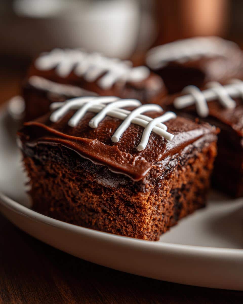 A close-up of homemade Chocolate Football Brownies with chocolate frosting and white icing laces.