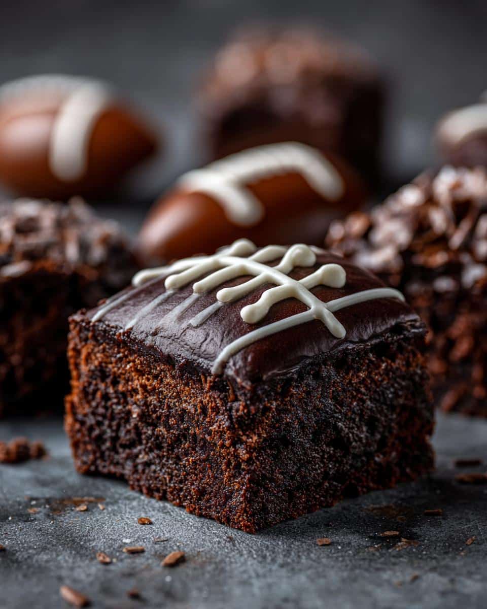 Close-up of a square Chocolate Football Brownies with white icing drizzle on top.