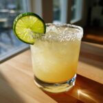 A delicious best classic margarita recipe with a salted rim and lime wedge on a wooden surface.