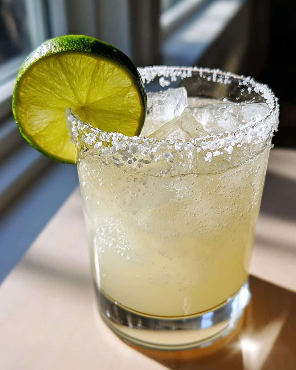A glass of best classic margarita recipe with a salted rim and lime wedge, filled with ice.