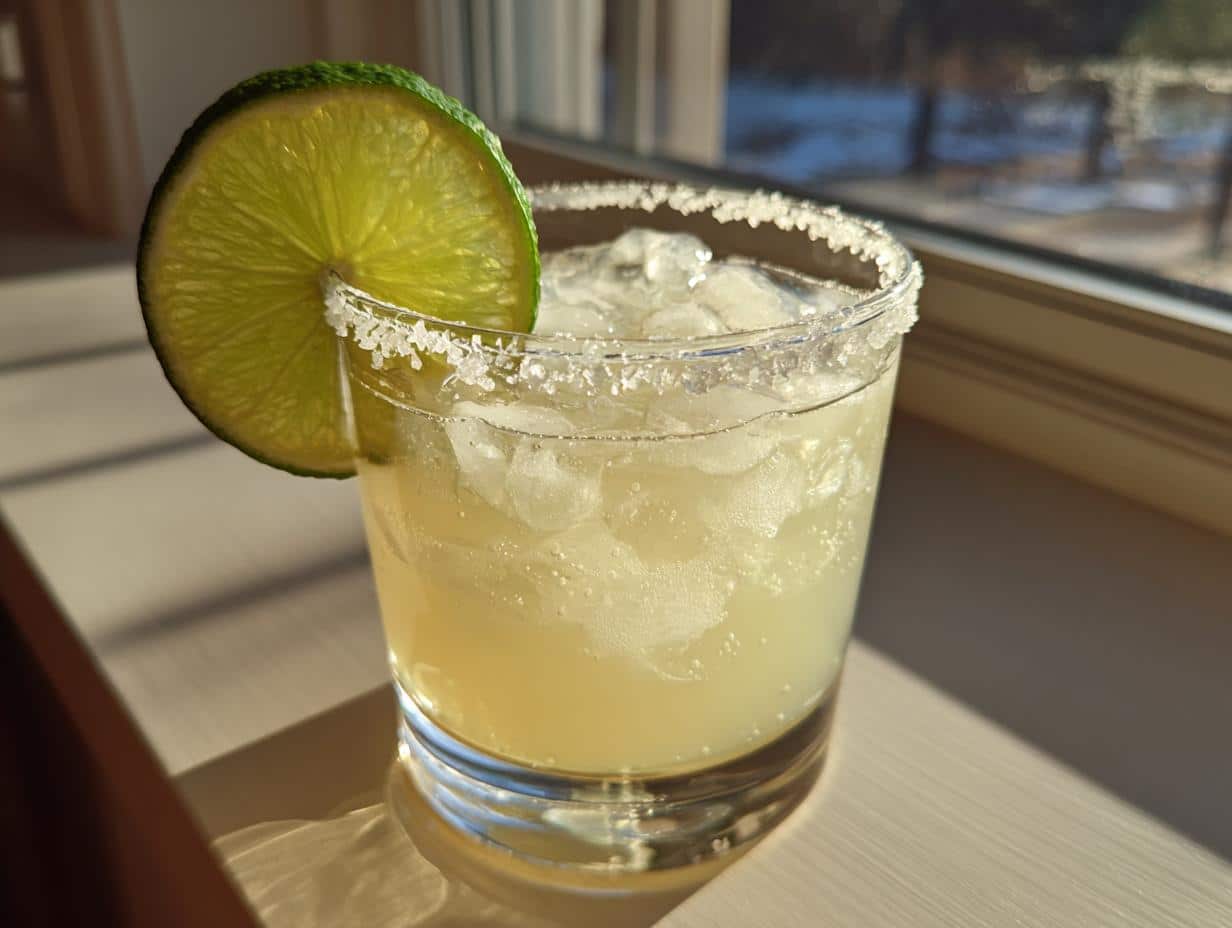 A classic margarita recipe in a salt-rimmed glass with ice and a lime wedge, ready to enjoy.