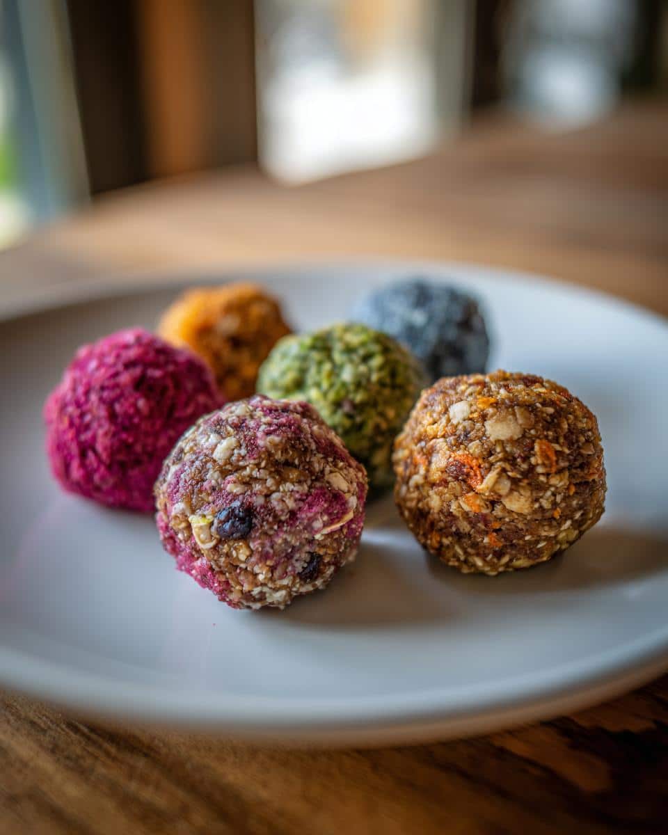 A plate of colorful, no bake protein balls, each with a unique coating and texture. Perfect for a healthy snack.