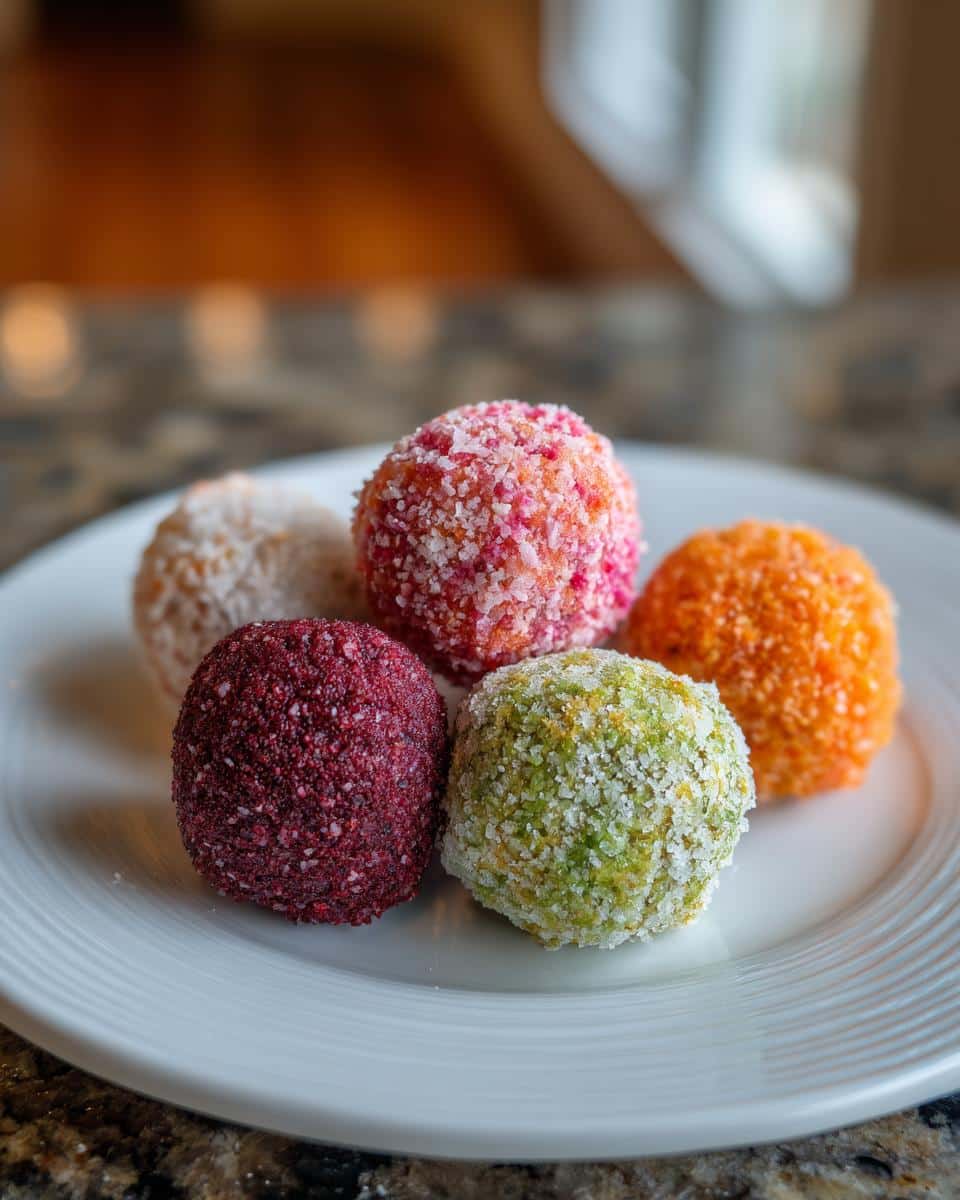 A plate of colorful protein balls no bake, featuring a variety of flavors and coatings.