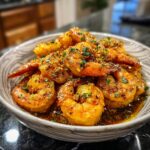 Bowl of cooked shrimp recipes, seasoned and garnished with herbs, sitting in a flavorful sauce.