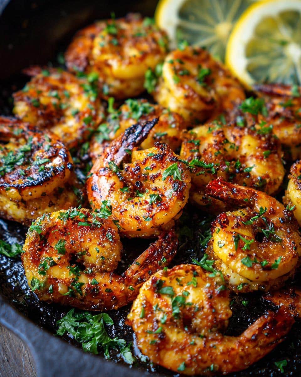 Close-up of cooked shrimp recipes in a cast iron skillet, garnished with fresh parsley and lemon wedges.