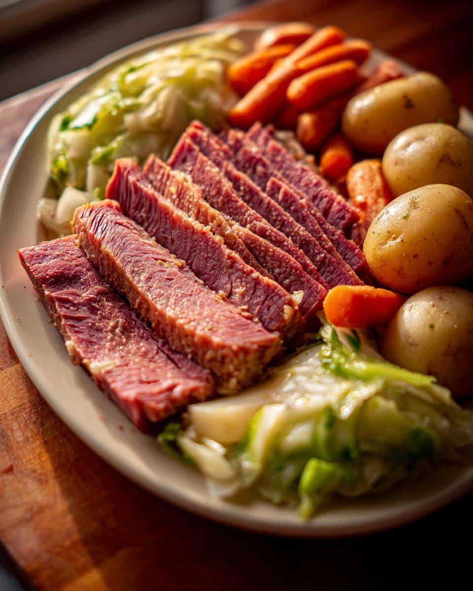 A plate of corn beef and cabbage recipe with sliced corned beef, cabbage, carrots, and potatoes.
