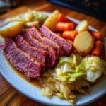 A plate of corn beef and cabbage recipe featuring sliced corned beef, cabbage, potatoes, and carrots.