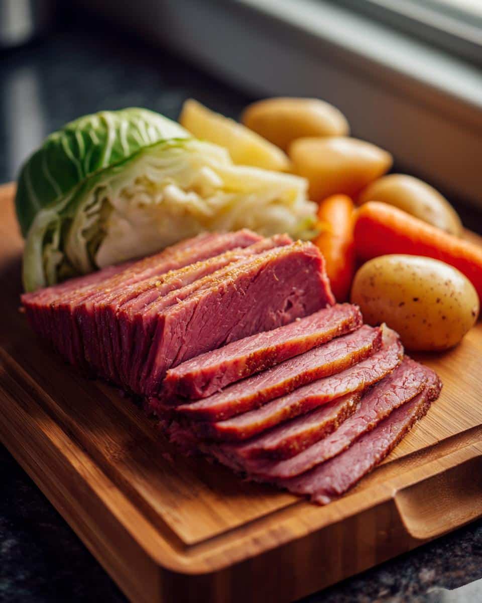 Corn beef and cabbage recipe ingredients, including sliced corned beef, cabbage, carrots, and potatoes on a wooden board.