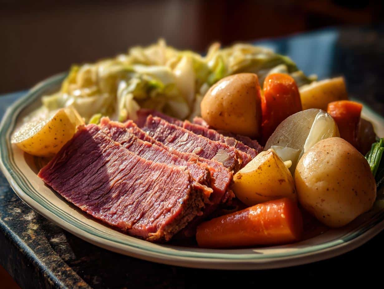 A plate of delicious corn beef and cabbage recipe with sliced corned beef, cabbage, potatoes, and carrots.