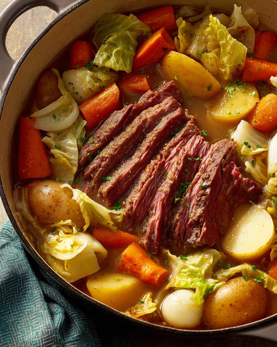 Overhead shot of corned beef and cabbage in a Dutch oven, featuring sliced beef, potatoes, carrots, and cabbage.