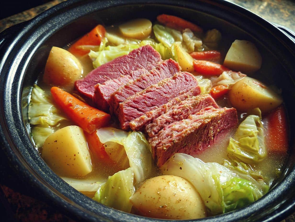 A pot of Grandma's corned beef and cabbage, featuring sliced corned beef, cabbage, carrots, and potatoes.