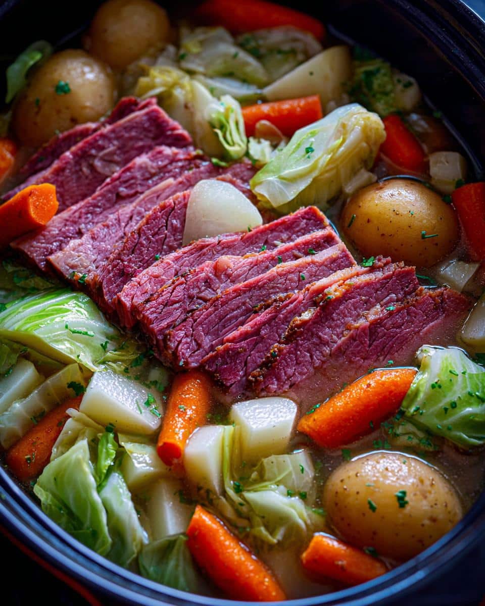 Close-up of sliced corned beef and cabbage with potatoes and carrots in a pot.