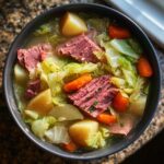 Overhead shot of a bowl of corned beef and cabbage stew with potatoes and carrots.