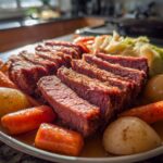Sliced corned beef with carrots, potatoes, and cabbage, cooked using corned beef recipes slow cooker method.