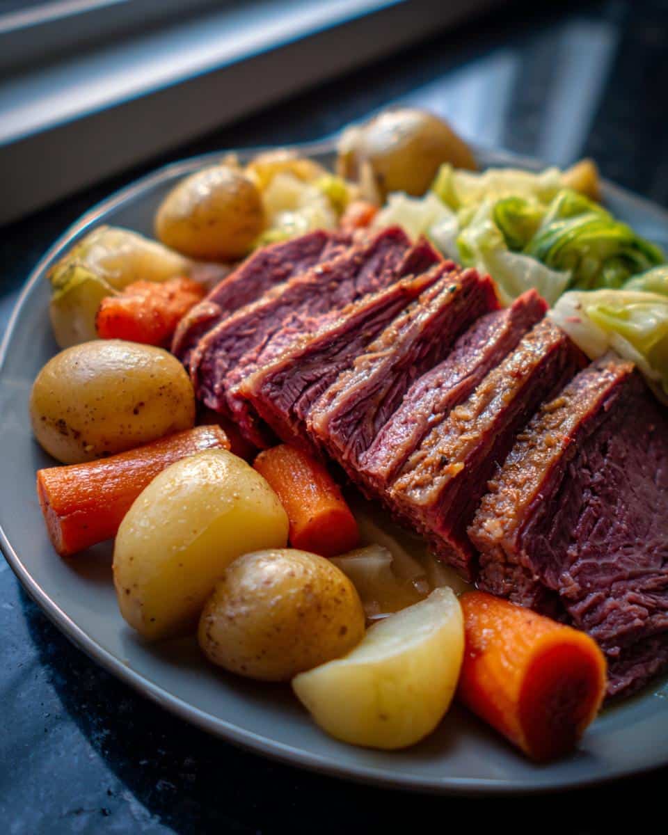 A plate of sliced corned beef recipes slow cooker style, served with potatoes, carrots, and cabbage.