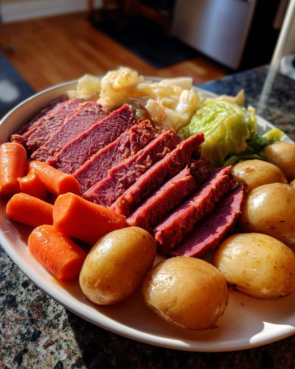 A platter of slow cooker corned beef recipes featuring sliced corned beef, carrots, potatoes, and cabbage.