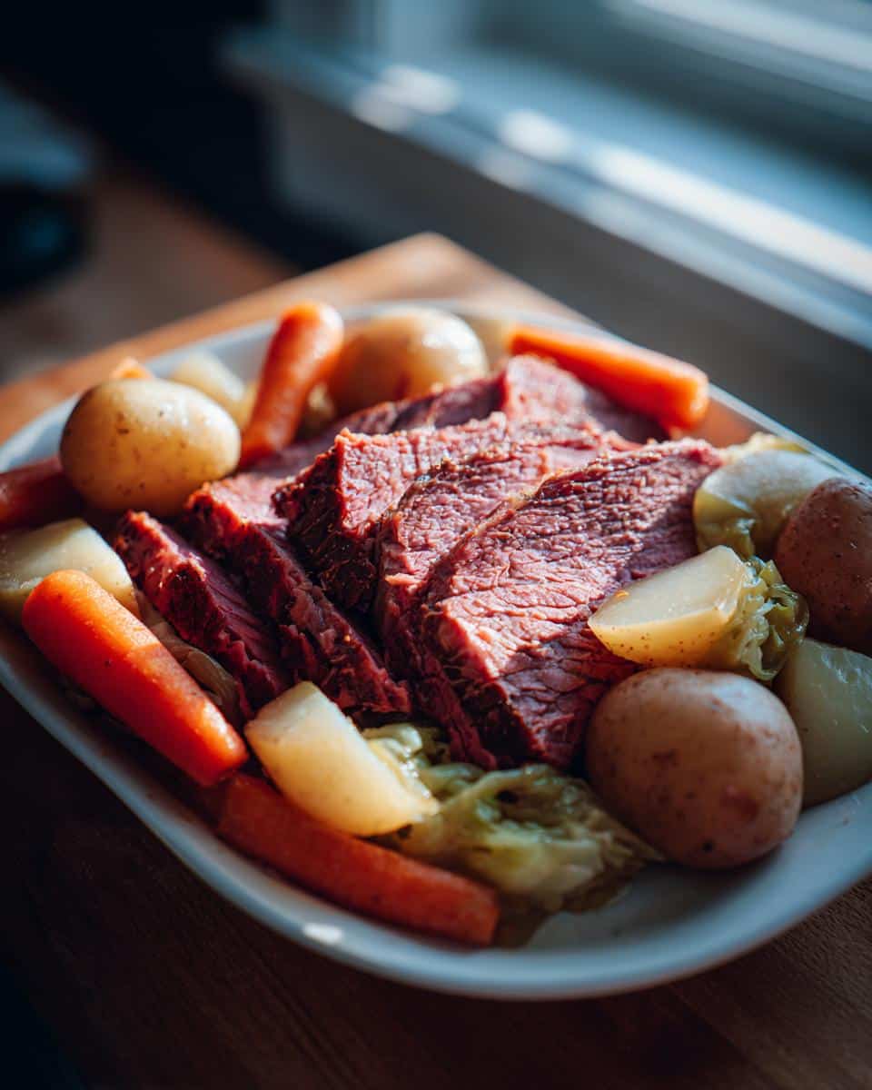 Sliced corned beef with carrots, potatoes, and cabbage, cooked in a slow cooker. Delicious corned beef recipes slow cooker.