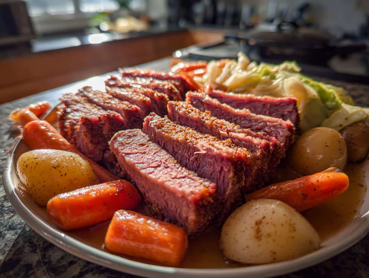 Sliced corned beef with carrots, potatoes, and cabbage, cooked using corned beef recipes slow cooker method.