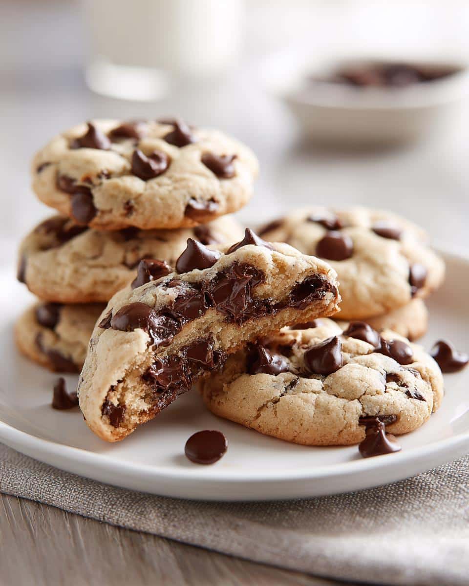 A stack of delicious Cottage Cheese Chocolate Chip Cookies, one broken in half to show the gooey chocolate inside.