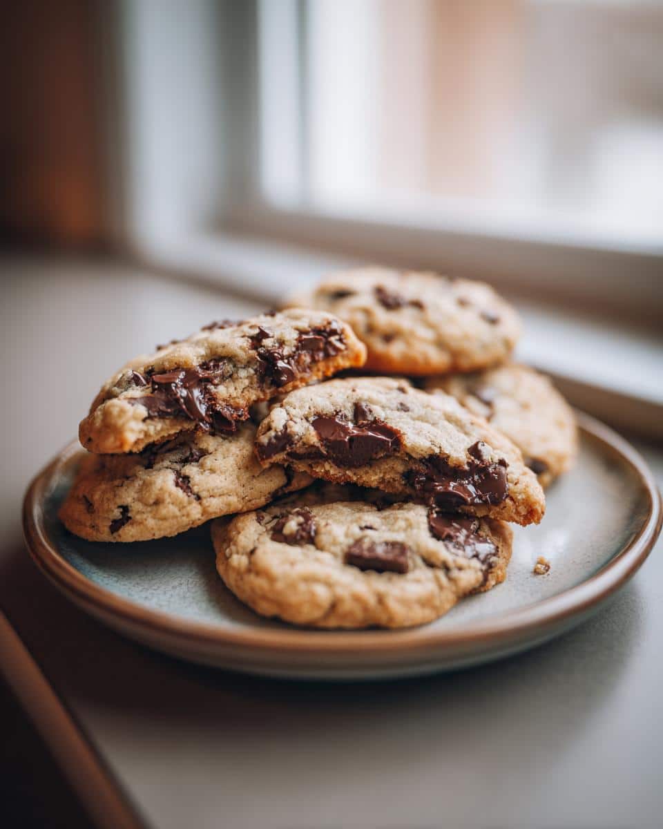 A stack of cottage cheese chocolate chip cookies on a plate, one broken in half to show the melted chocolate.