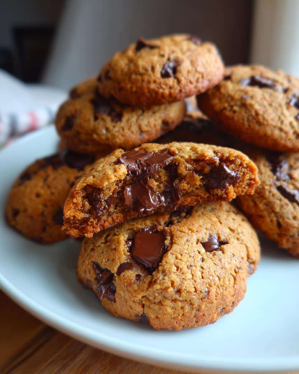A stack of homemade cottage cheese chocolate chip cookies, with one cookie broken in half to show the melted chocolate chips.