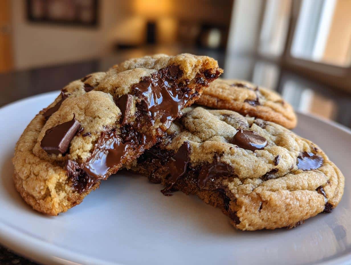Close-up of a broken cottage cheese chocolate chip cookie revealing melted chocolate, with more cookies in the background.