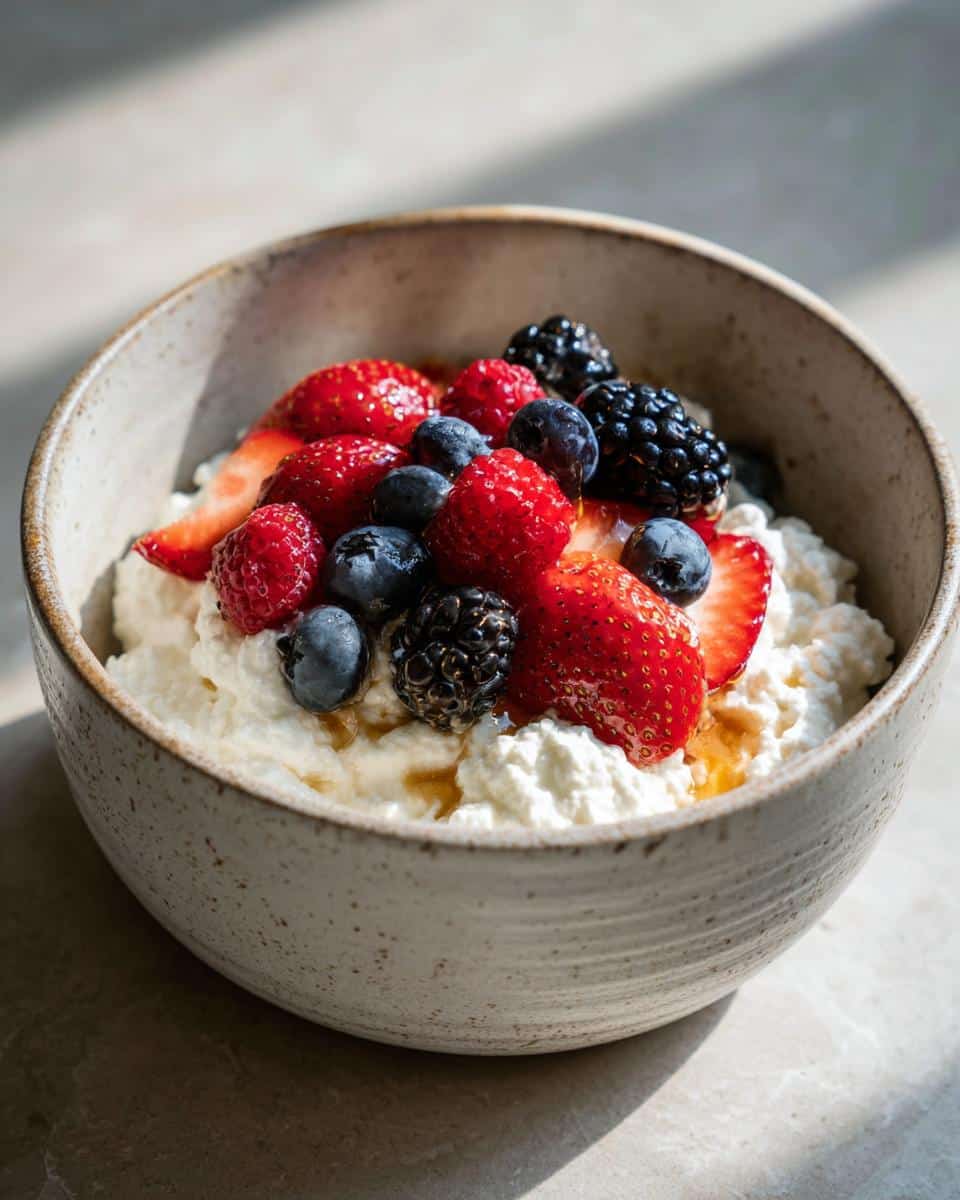 A bowl of cottage cheese topped with strawberries, blueberries, and blackberries. One of our favorite cottage cheese recipes.