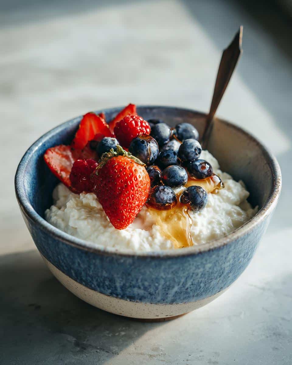 Bowl of cottage cheese topped with fresh strawberries, blueberries, raspberries, and a drizzle of honey. A delicious cottage cheese recipe.