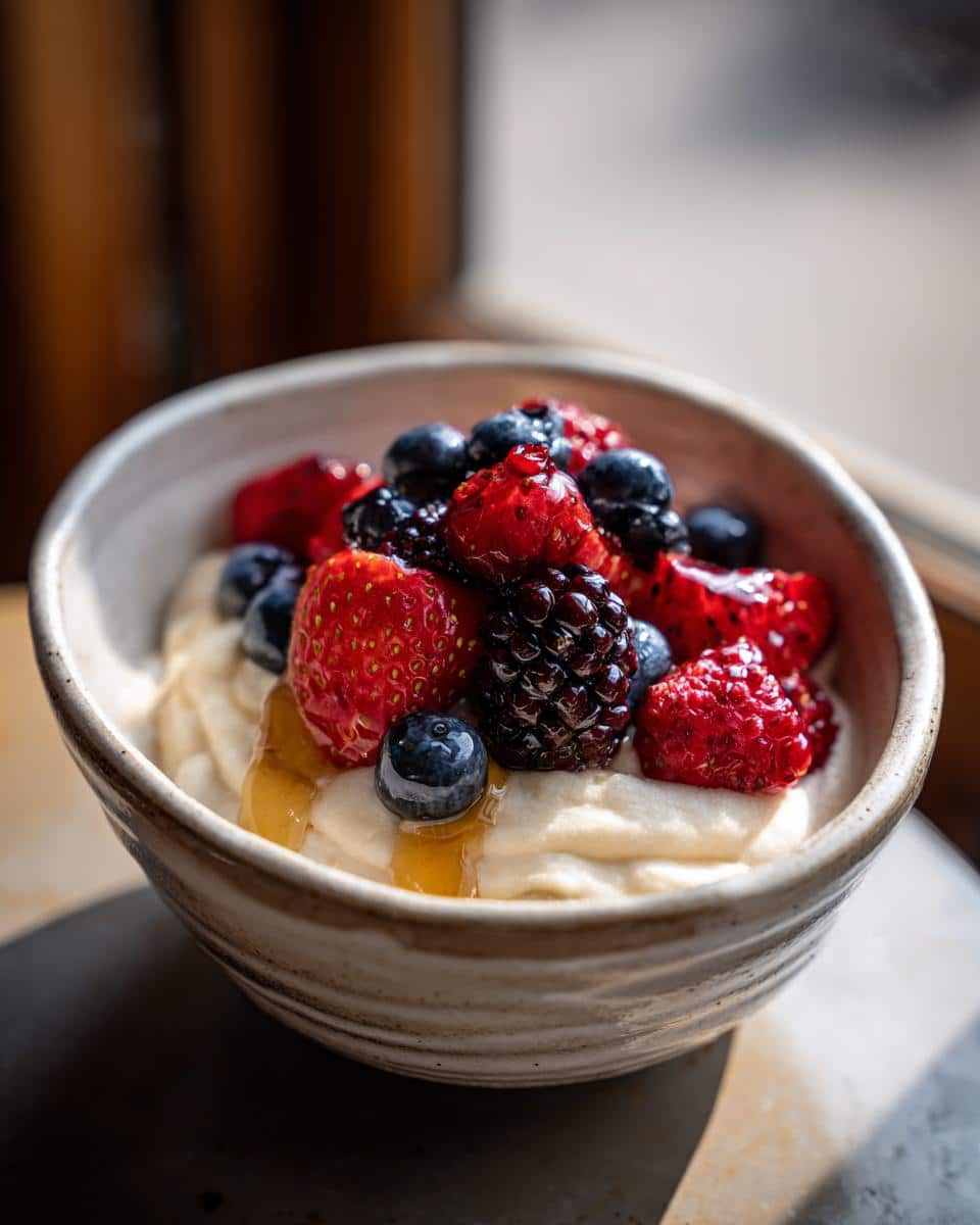 A bowl of creamy cottage cheese topped with fresh strawberries, blueberries, raspberries, and blackberries. Delicious cottage cheese recipes.