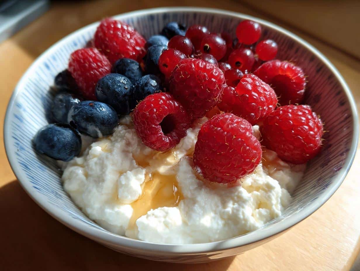 A bowl of cottage cheese recipes topped with fresh raspberries, blueberries, and red currants, drizzled with honey.