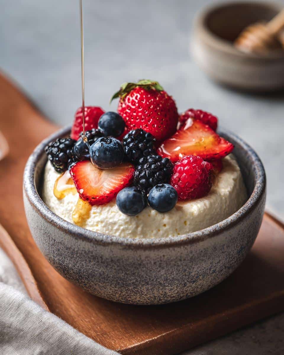 Bowl of cottage cheese recipes topped with fresh berries and a drizzle of honey.