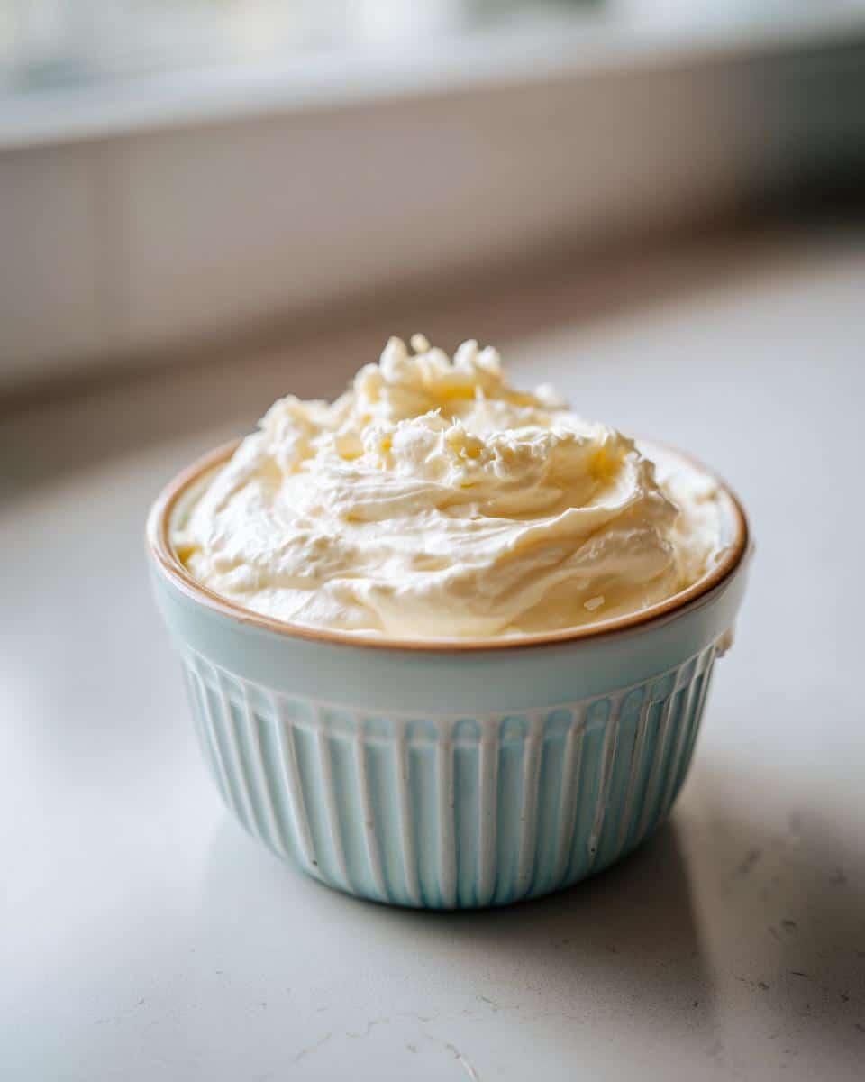 Close-up of creamy aioli sauce in a light blue bowl, ready to serve. A perfect aioli recipe aioli sauce.