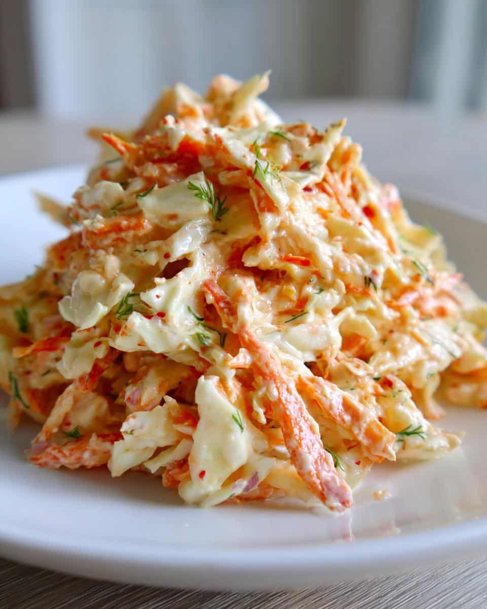 A generous serving of creamy coleslaw featuring shredded cabbage, carrots, and a delicious coleslaw dressing.