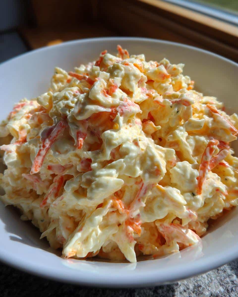 Close-up of creamy coleslaw featuring shredded cabbage, carrots, and a rich coleslaw dressing in a white bowl.