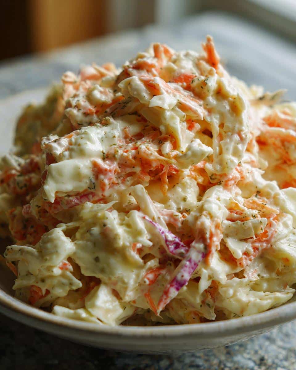 Close-up of coleslaw featuring cabbage, carrots, and a creamy homemade coleslaw dressing.
