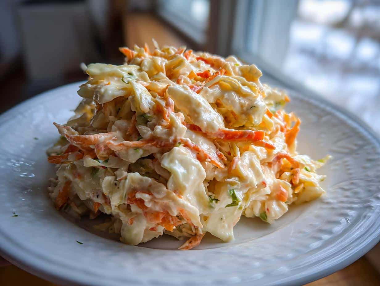 A generous serving of coleslaw with creamy coleslaw dressing on a white plate, featuring shredded cabbage and carrots.