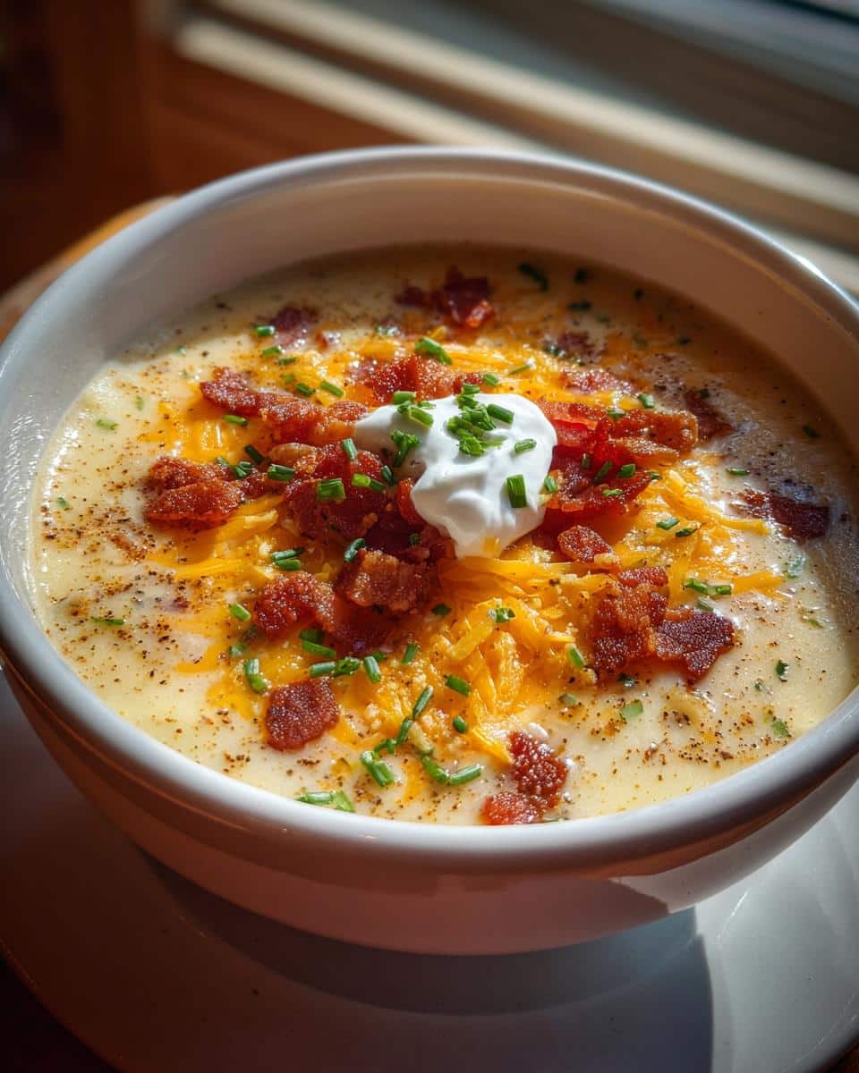 Bowl of creamy potato soup topped with bacon, cheese, sour cream, and chives.