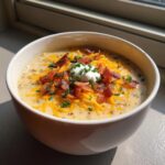 Bowl of creamy potato soup topped with bacon, shredded cheese, sour cream, and chives.