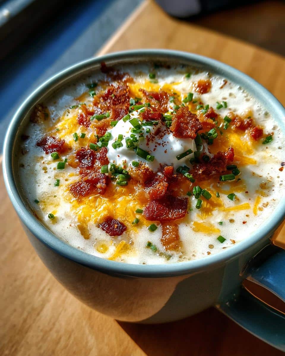 A bowl of creamy potato soup topped with bacon, shredded cheese, sour cream, and chives.