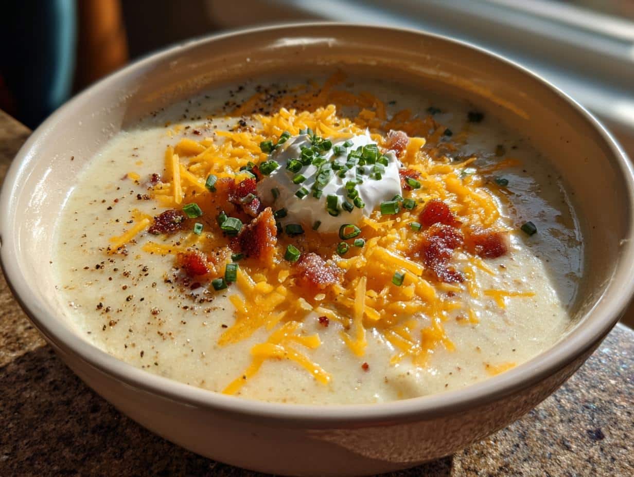 Bowl of creamy potato soup topped with shredded cheese, bacon bits, sour cream, and chives.