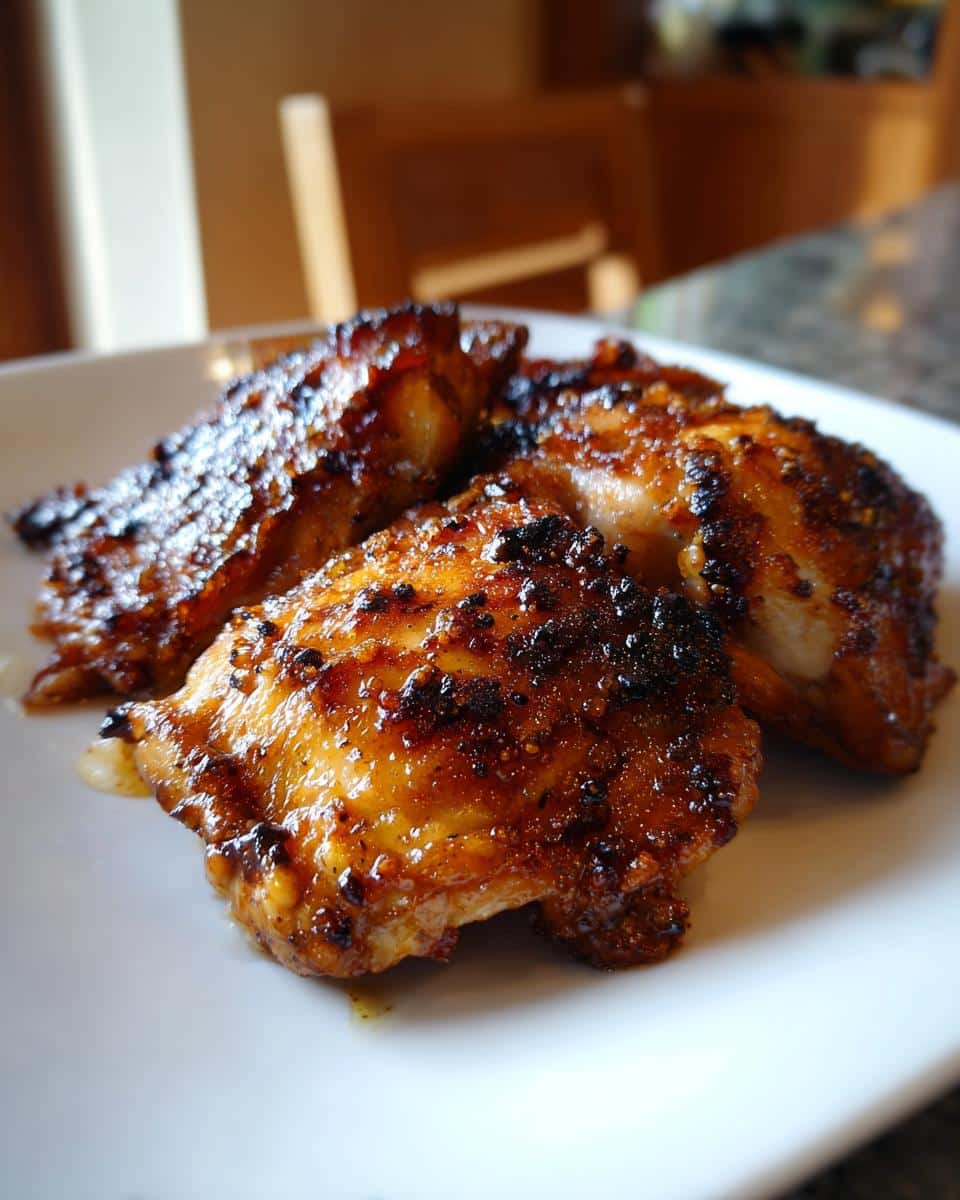 A plate of perfectly cooked chicken thigh recipes, showcasing their crispy skin and juicy meat.